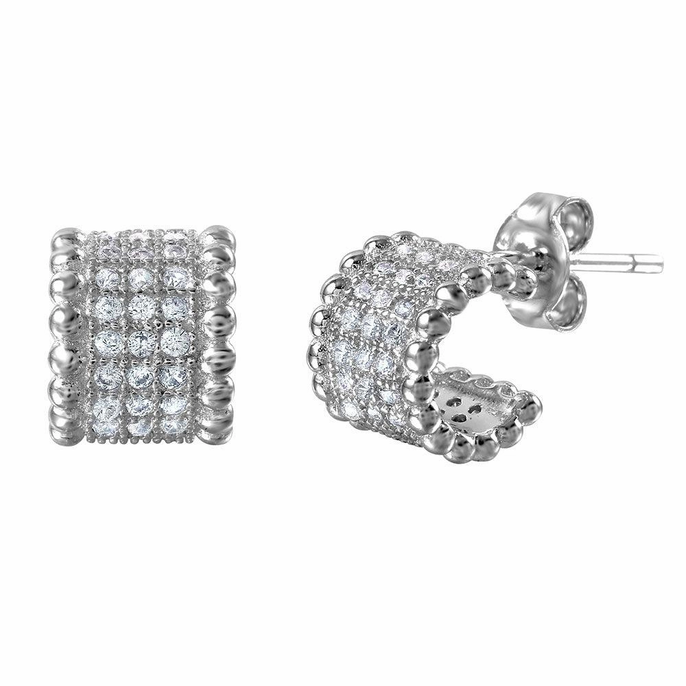 Silver 925 Rhodium Plated Semi Hoop Earrings with Cubic Zirconia Stones - STE01029