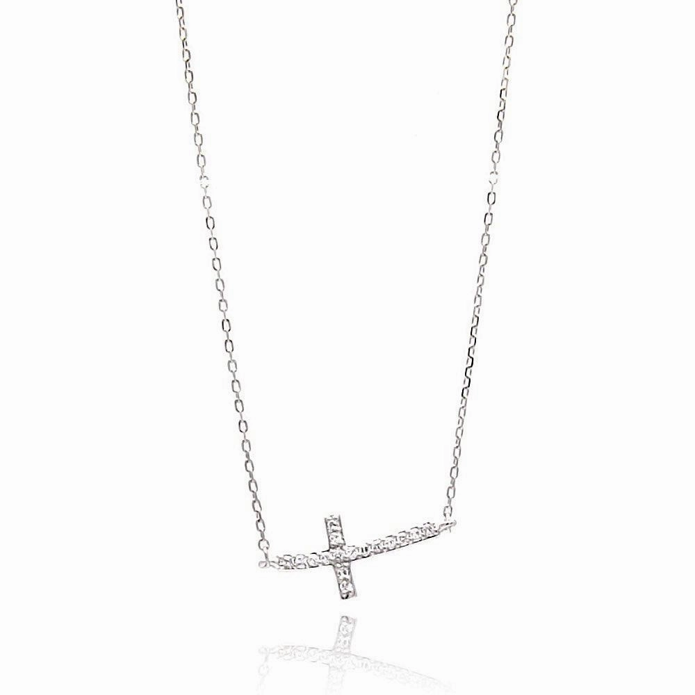 Silver 925 Rhodium Plated Sideways Cross CZ Necklace - BGP00646