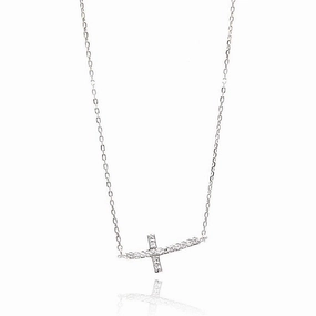 Silver 925 Rhodium Plated Sideways Cross CZ Necklace - BGP00646