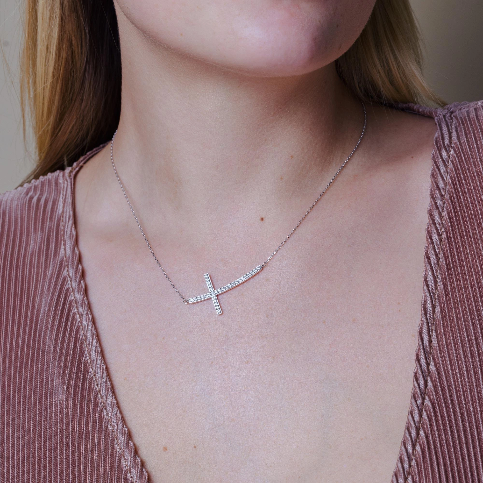 Silver 925 Rhodium Plated Sideways Cross CZ Necklace - BGP00668
