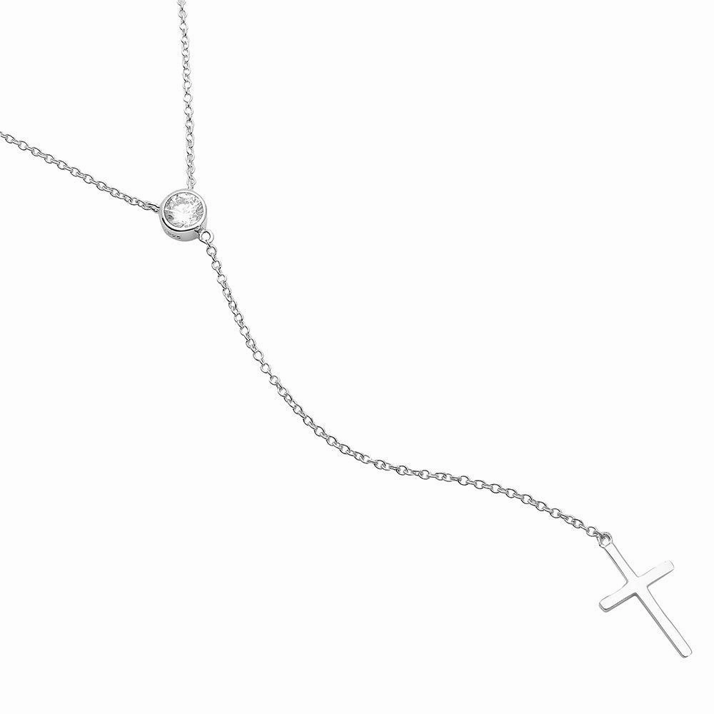 Silver 925 Rhodium Plated Single CZ Stone with Drop Cross Necklace - STP01519