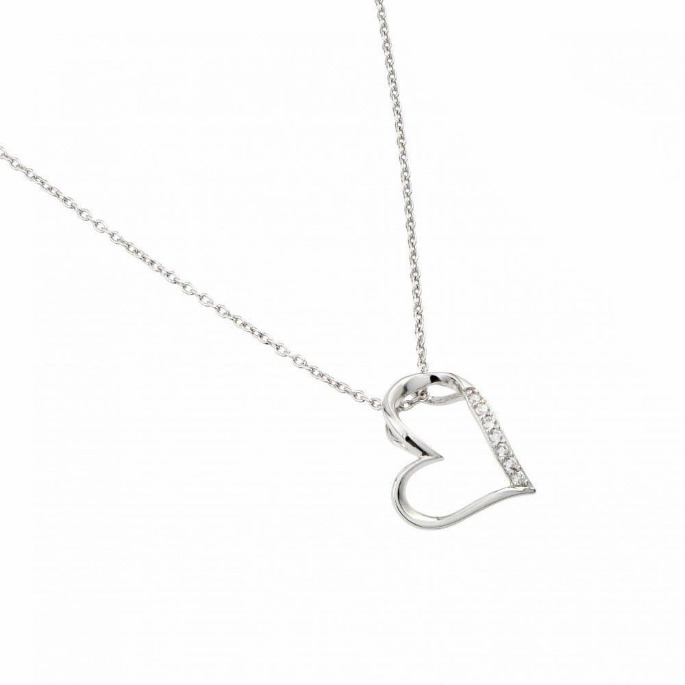 Silver 925 Rhodium Plated Slanted Heart Pendant Necklace - STP01457