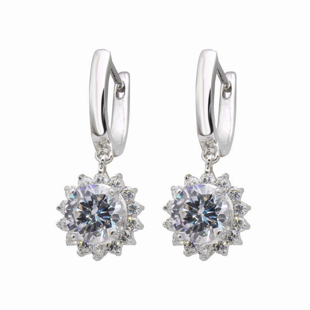 Silver 925 Rhodium Plated Sun CZ Dangling huggie hoop Earrings - BGE00119