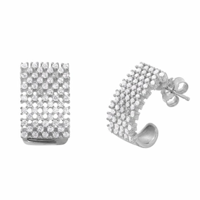 Silver 925 Rhodium Plated Thick Checkered CZ Semi-huggie hoops Earrings - ACE00083RH