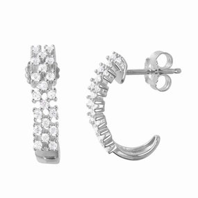 Silver 925 Rhodium Plated Thin Checkered CZ Semi-huggie hoop Earrings - ACE00081RH