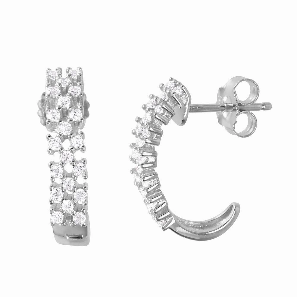Silver 925 Rhodium Plated Thin Checkered CZ Semi-huggie hoop Earrings - ACE00081RH