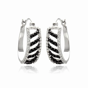 Silver 925 Rhodium Plated White Enamel Black Stripe CZ Hoop Earrings - BGE00242