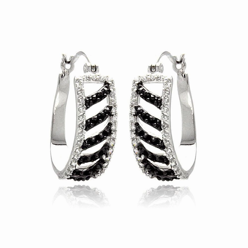 Silver 925 Rhodium Plated White Enamel Black Stripe CZ Hoop Earrings - BGE00242
