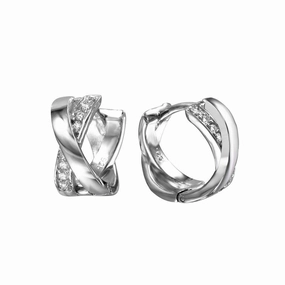 Silver 925 Rhodium Plated X huggie hoop Earrings with Cubic Zirconia Stones - BGE00467