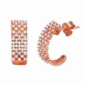 Silver 925 Rose Gold Plated Checkered CZ Semi-huggie hoop Earrings - ACE00082RGP
