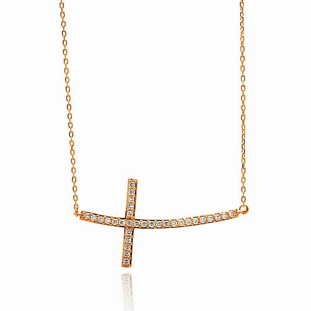 Silver 925 Rose Gold Plated Sideways CZ Inlay Necklace - BGP00669