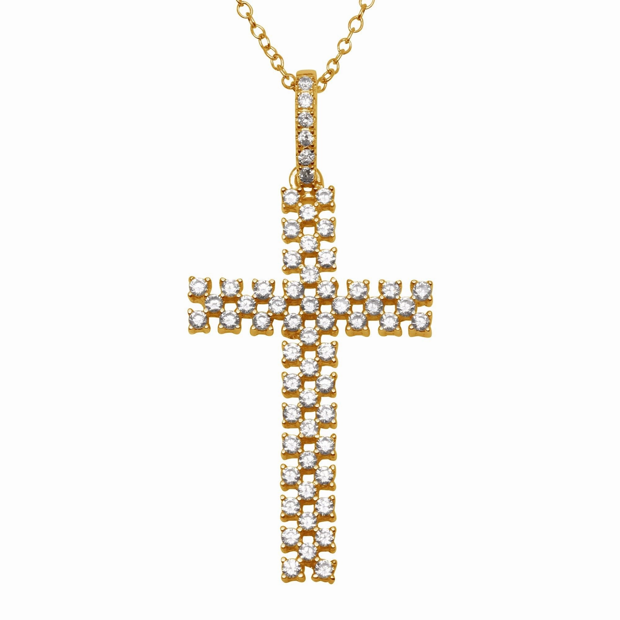 Silver 925 Rose Gold Plated Thin Open Checkered Cross CZ Pendant - ACP00094RGP
