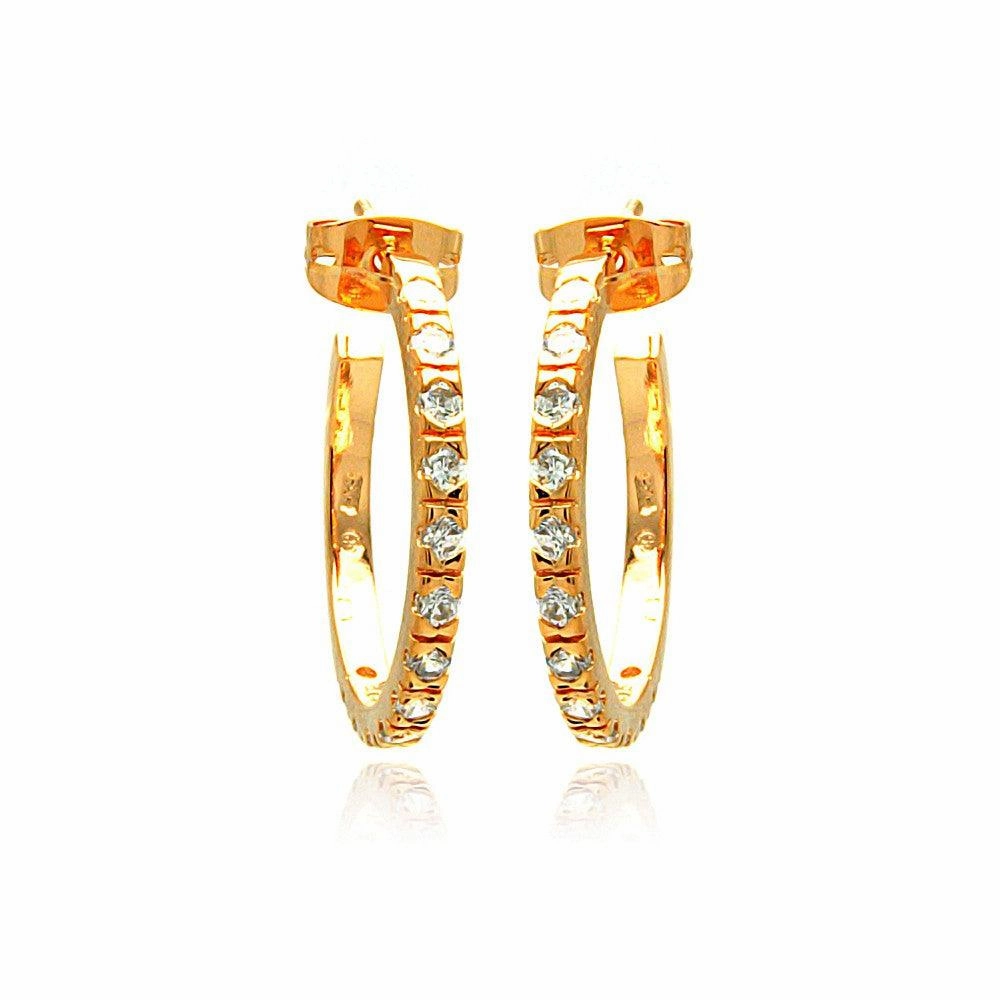 Silver 925 Rose Gold Rhodium Plated Round CZ Hoop Earrings - BGE00277