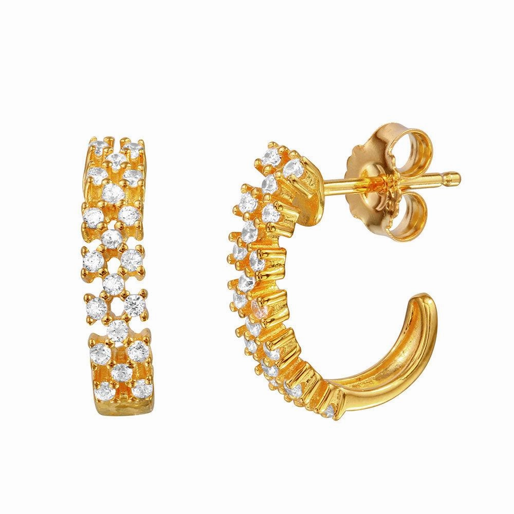Silver 925 Rose Plated Thin Checkered CZ Semi-huggie hoop Earrings - ACE00081GP