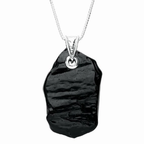 Silver Whitby Jet Rough Polished Hammered Effect Bail Necklace