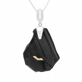 Sterling Silver 9ct Yellow Gold Whitby Jet Rough Abstract Teardrop Bat Necklace