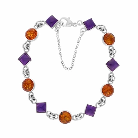 Sterling Silver Amber Amethyst Square Round Eleven Stone Link Bracelet D