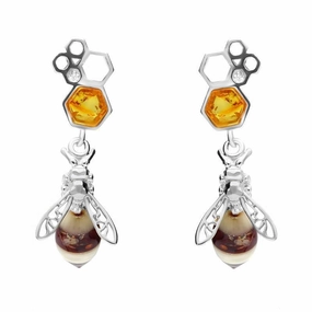 Sterling Silver Amber Bee Honeycomb Drop Earrings