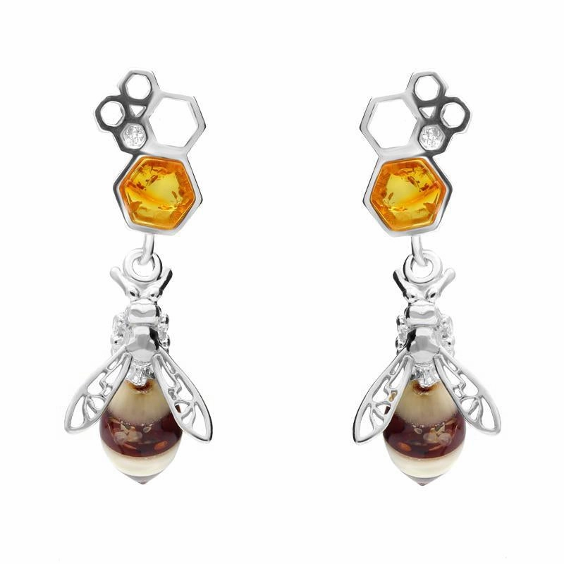 Sterling Silver Amber Bee Honeycomb Drop Earrings