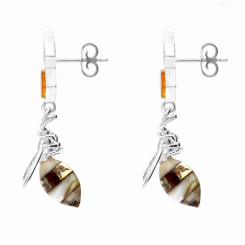 Sterling Silver Amber Bee Honeycomb Drop Earrings