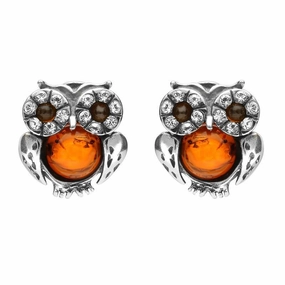 Sterling Silver Amber Cubic Zirconia Small Owl Stud Earrings