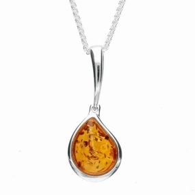 Sterling Silver Amber Curved Pear Drop Necklace