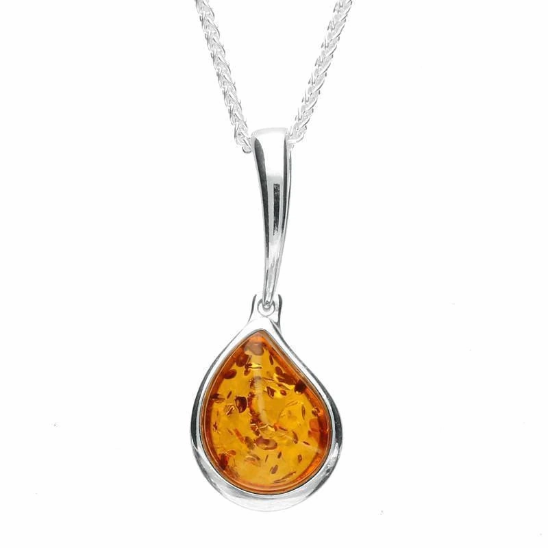 Sterling Silver Amber Curved Pear Drop Necklace