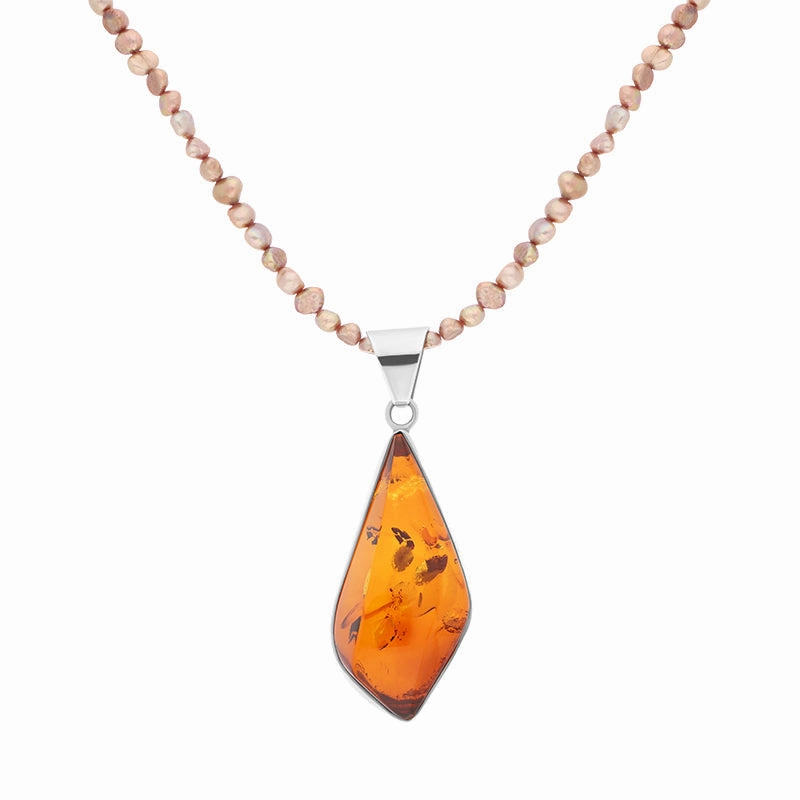 Sterling Silver Amber Freshwater Pearl Beaded Necklace D