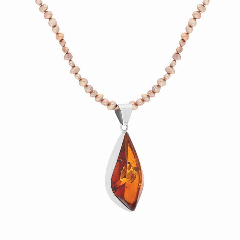 Sterling Silver Amber Freshwater Pearl Beaded Necklace D
