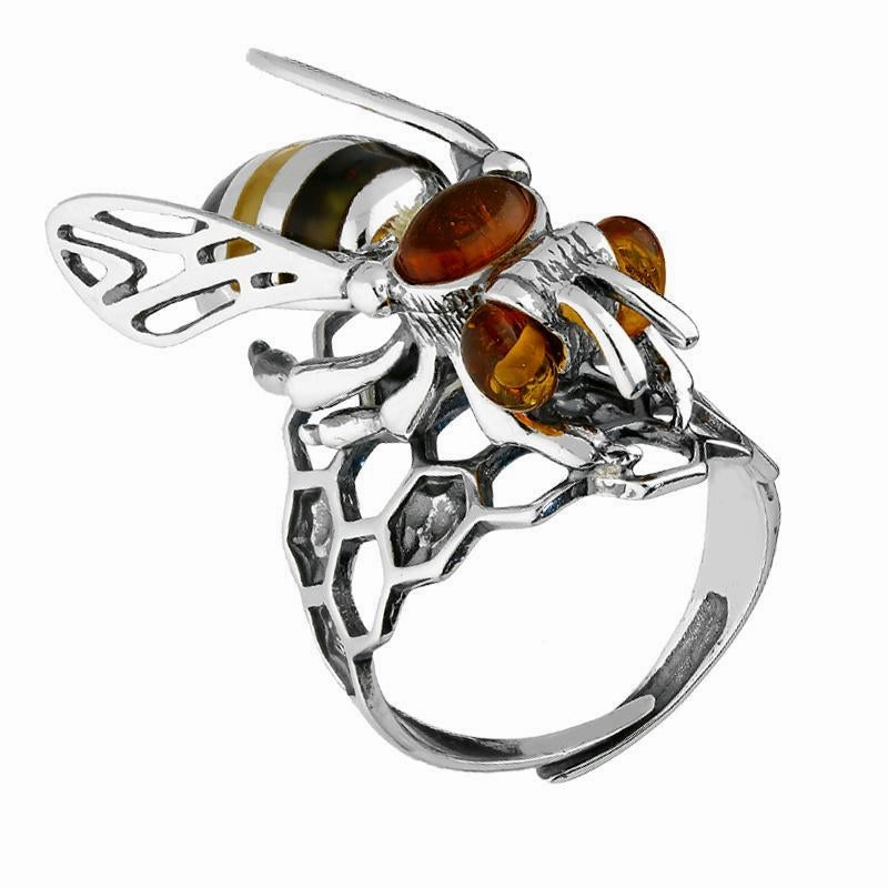 Sterling Silver Amber Honeycomb Bee Ring
