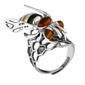 Sterling Silver Amber Honeycomb Bee Ring