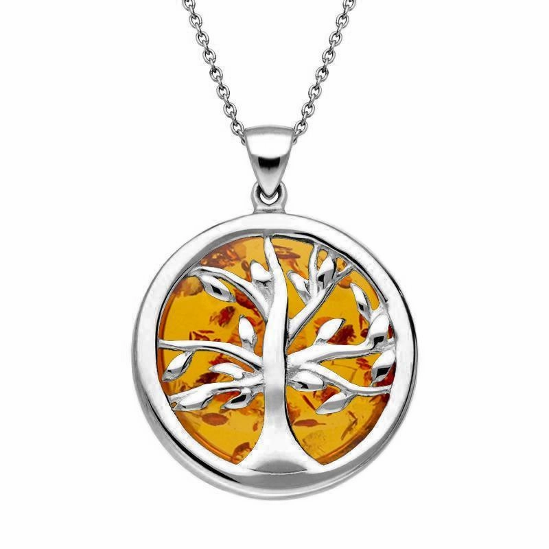 Sterling Silver Amber Medium Round Tree of Life Necklace