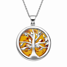 Sterling Silver Amber Medium Round Tree of Life Necklace
