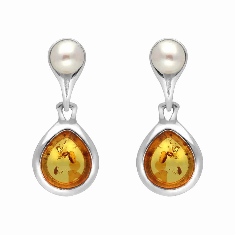 Sterling Silver Amber Pearl Drop Earrings