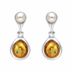 Sterling Silver Amber Pearl Drop Earrings