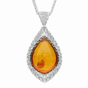 Sterling Silver Amber Pierced Edge Peardrop Necklace