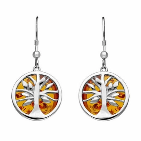 Sterling Silver Amber Round Tree Drop Earrings