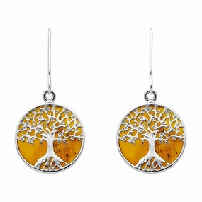 Sterling Silver Amber Round Tree Drop Earrings