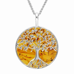 Sterling Silver Amber Round Tree Of Life Necklace