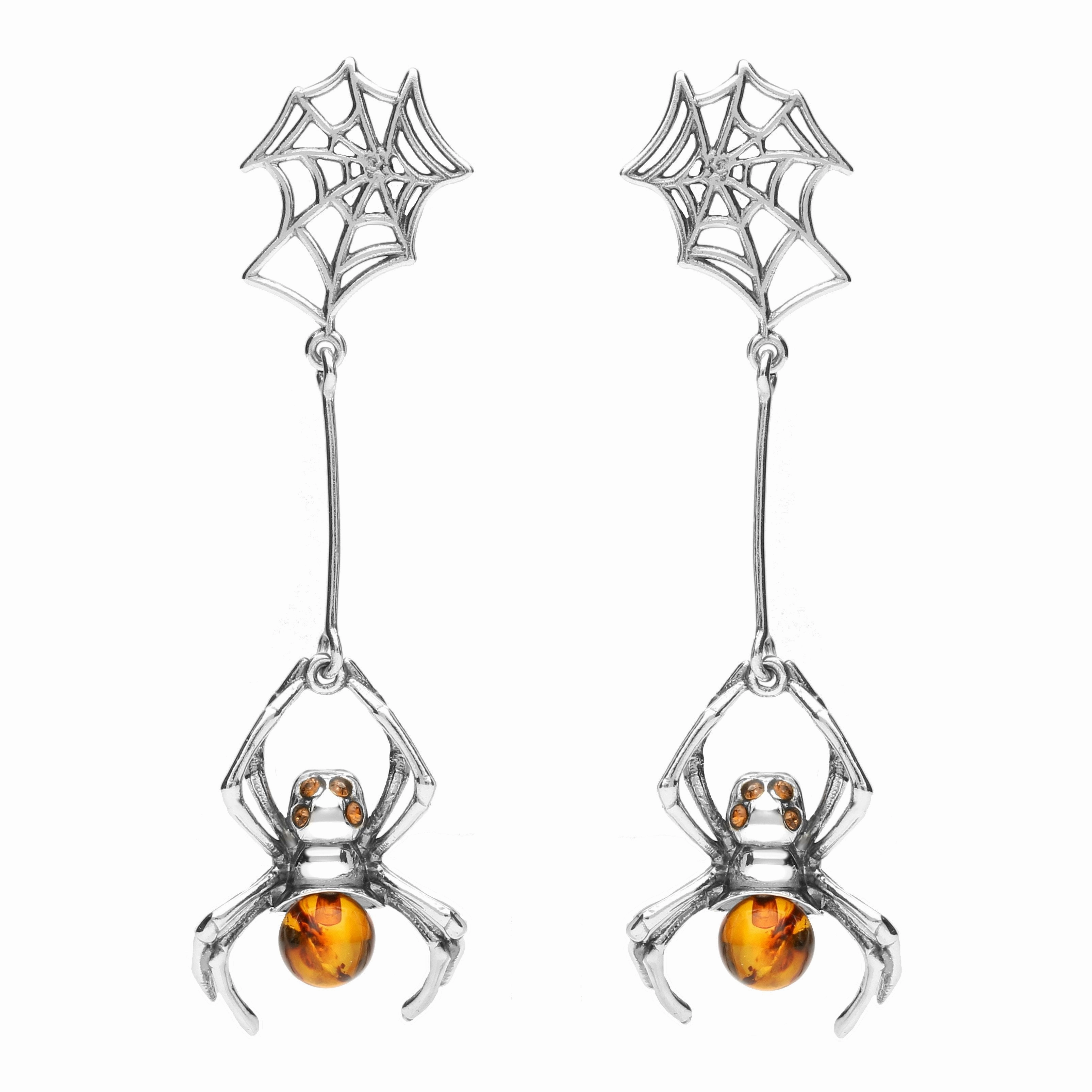 Sterling Silver Amber Spider Web Drop Earrings