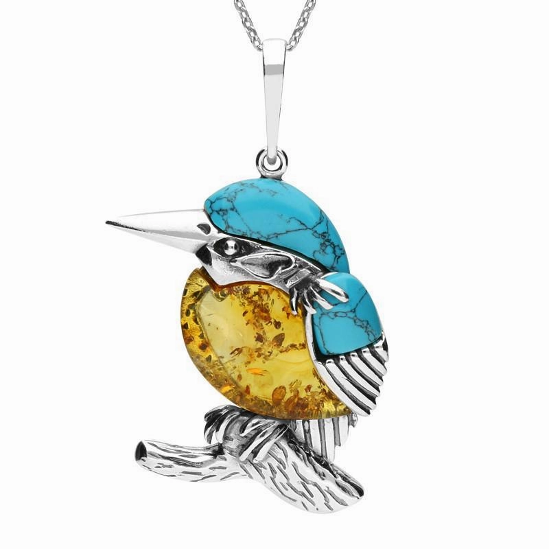 Sterling Silver Amber Turquoise Kingfisher Two Piece Set