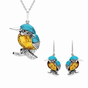 Sterling Silver Amber Turquoise Kingfisher Two Piece Set
