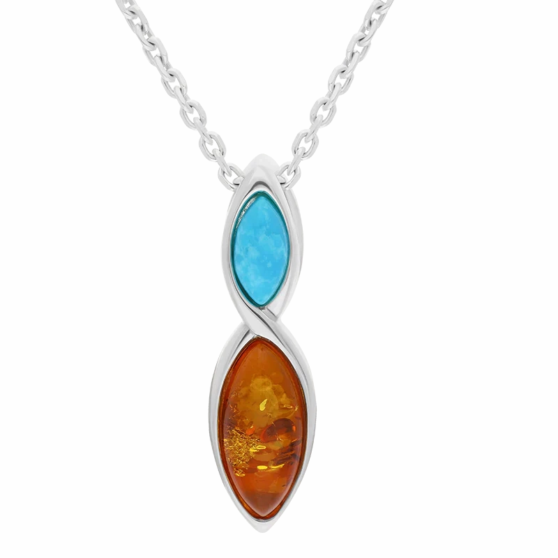 Sterling Silver Amber Turquoise Two Stone Marquise Necklace