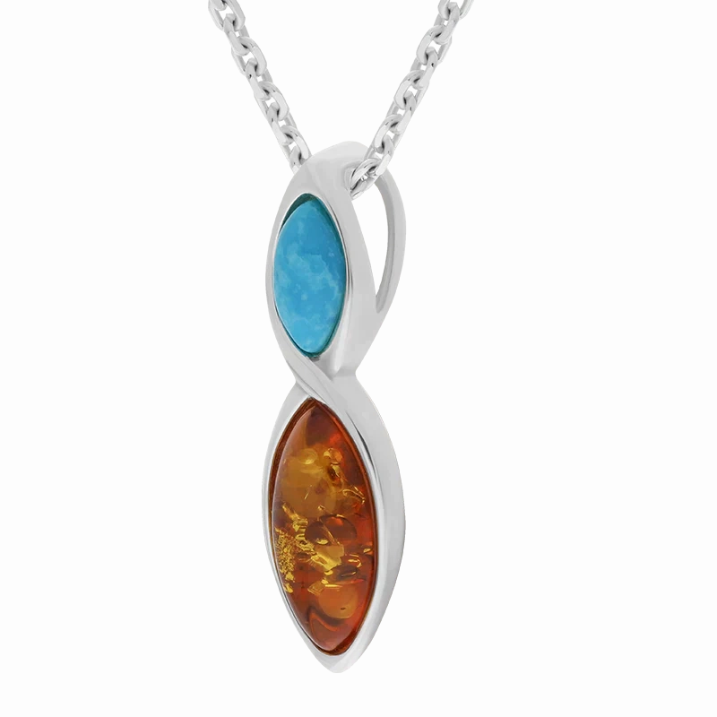 Sterling Silver Amber Turquoise Two Stone Marquise Necklace
