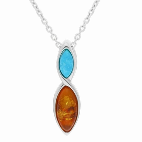 Sterling Silver Amber Turquoise Two Stone Marquise Necklace