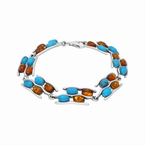 Sterling Silver Amber Turquoise Wavy Link Bracelet D