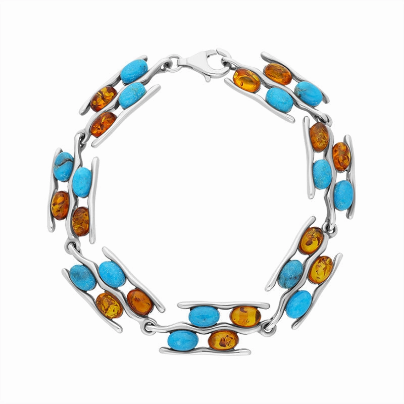 Sterling Silver Amber Turquoise Wavy Link Bracelet D