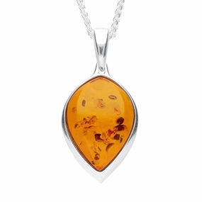 Sterling Silver Amber Wide Upside Down Pear Drop Necklace