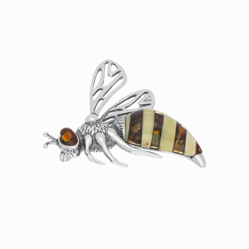 Sterling Silver Baltic Amber Filigree Wings Bee Brooch