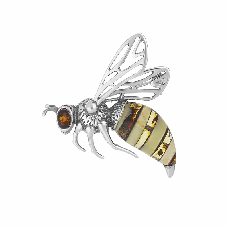 Sterling Silver Baltic Amber Filigree Wings Bee Brooch